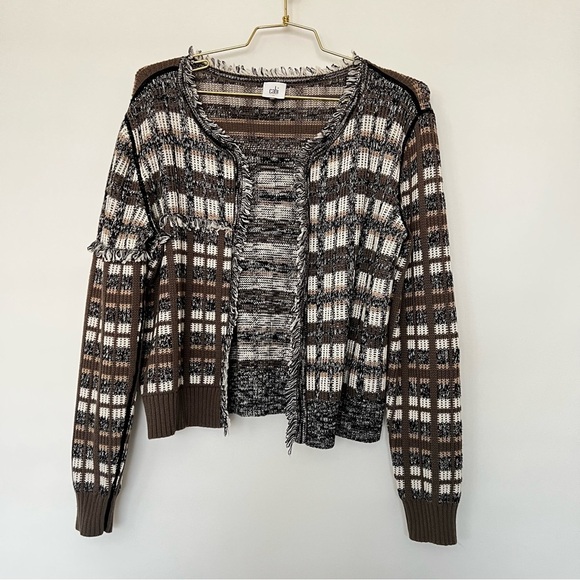 Cabi Classic Fringe 100% Cotton Open Cardigan Sweater Brown Plaid - Picture 9 of 10